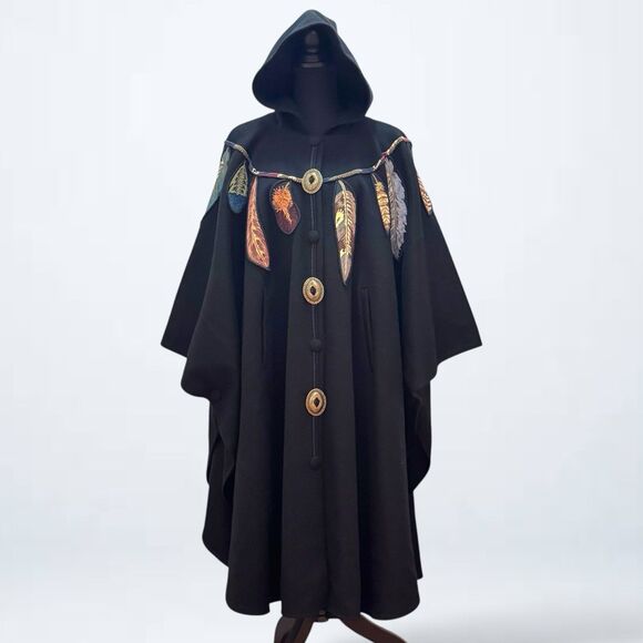 Coloratura Southwest Hooded Black Wool Cloak Cape Coat w/ Feathers and Conchos - Picture 1 of 14